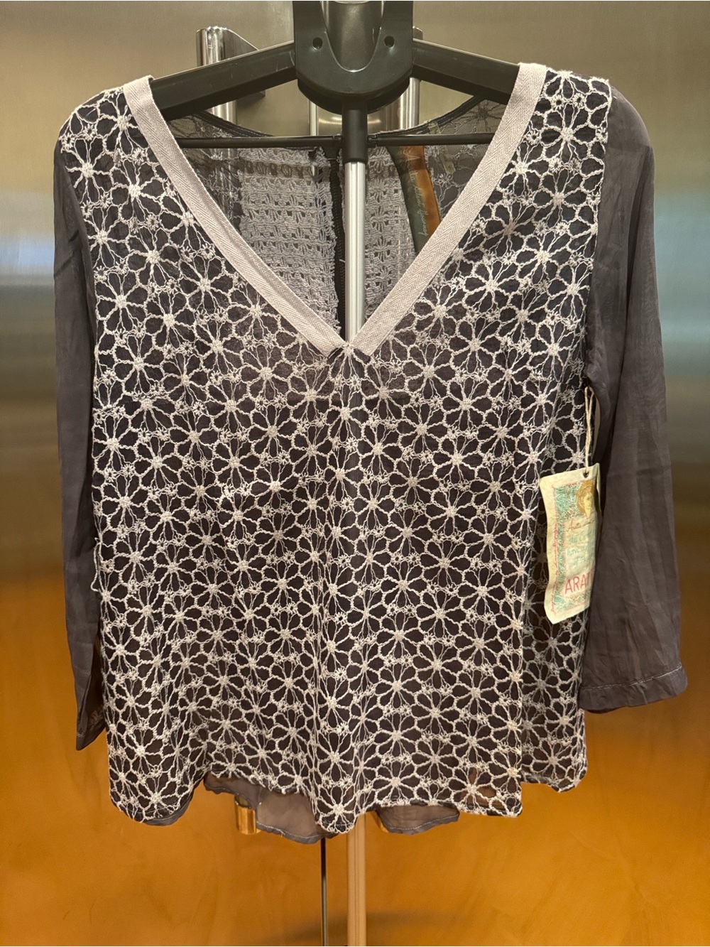 Aratta Silk/Viscose Charcoal Blouse with Ivory Floral Lace Front